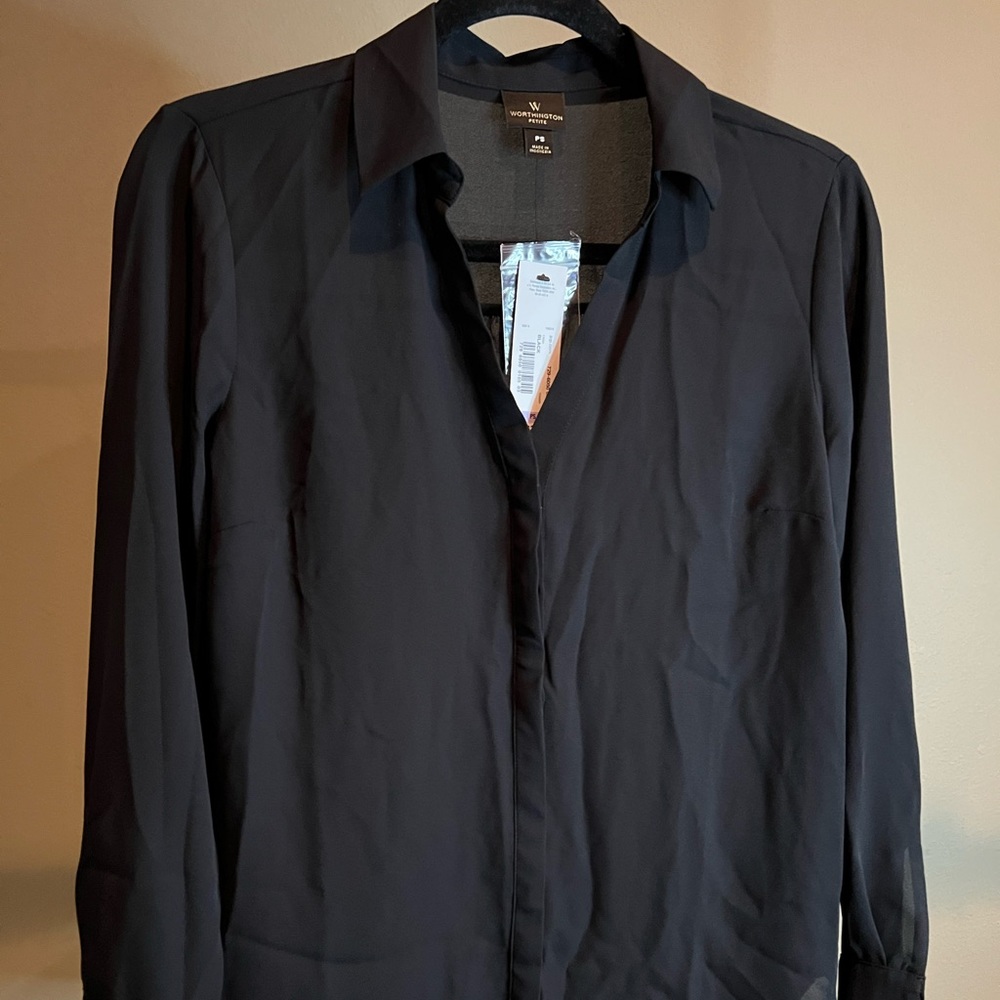 NWT Worthington Sheer Blouse, Black, Size Petite Small